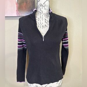 Daisy Fuentes Zip Front Sweater Dark Gray and Pink Stripes Medium